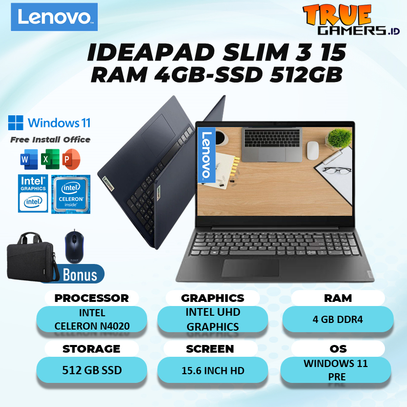 Laptop Lenovo Ideapad Slim 3 15 N4020 4GB 256SSD W11PRE 15.6