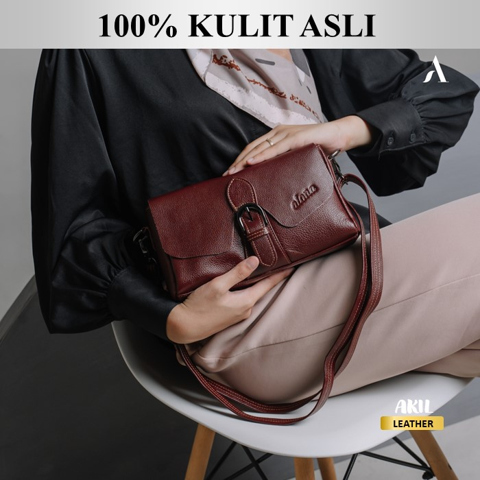 Tas Wanita Branded Model Selempang Slempang Bahu Bahan 100% Kulit Sapi Asli Original Alona Charlotte Leather Sling Bag