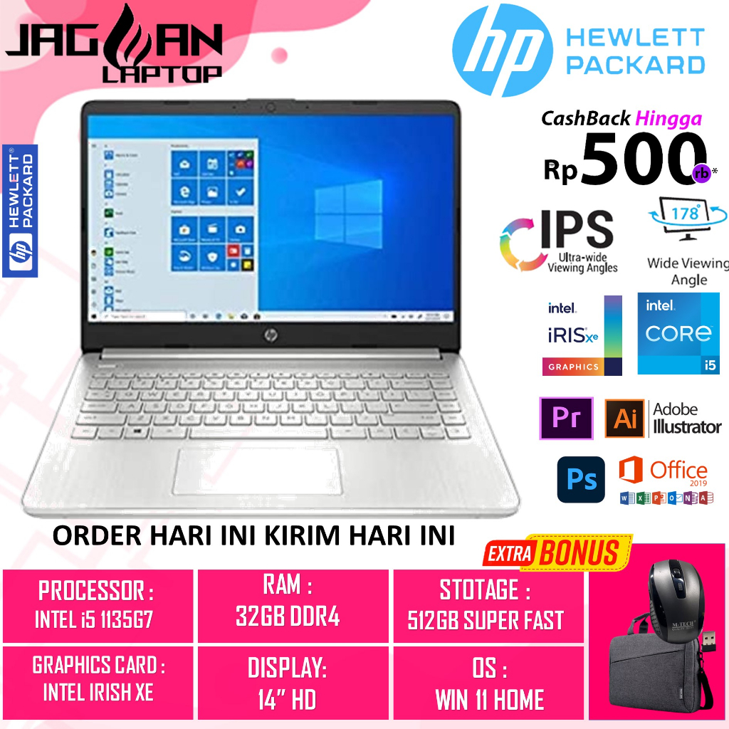 HP 14 INTEL I5 1135G7 32GB 512GB IRIS XE 14&quot; WIN11HOME SILVER TER MURAH