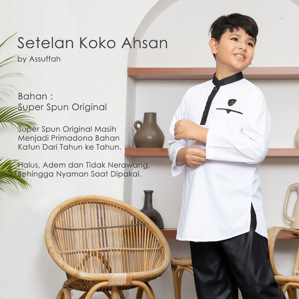 Setelan Baju Koko Anak Hitam Putih 1-14 Tahun Ahsan Series Original Assuffah