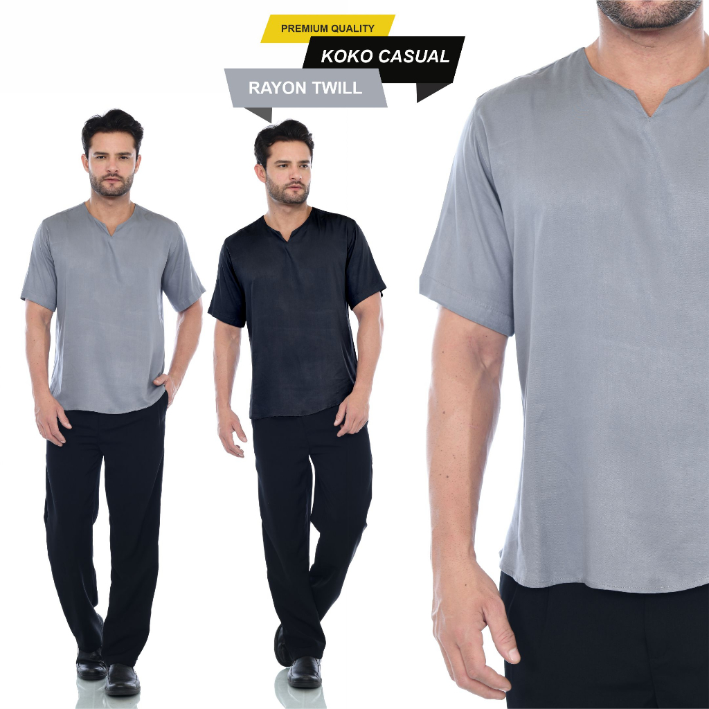 Kemeja Koko Pria Kerah V-neck Model Basic Polos Lengan Pendek Bahan Rayon Twill Premium