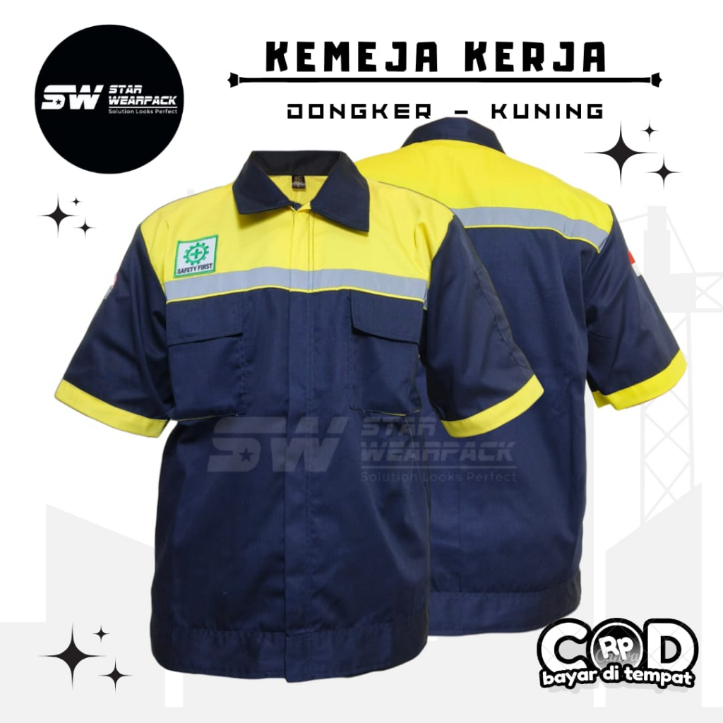 Star Wearpack - Seragam Kerja Proyek Warna Dongker Kombinasi Kuning Lengan Pendek