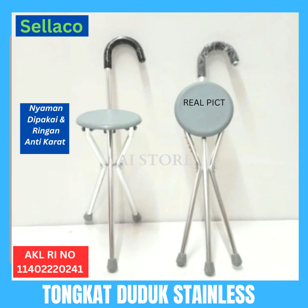 Tongkat Duduk Lipat (KEMENKES) / Tongkat Kursi Lipat / Kursi Bangku Sholat /Tongkat Jalan Orang Tua Lansia Stainless / Tongkat Lipat Lampu LED/Alat Bantu Jalan Orang Tua Trusty Cane