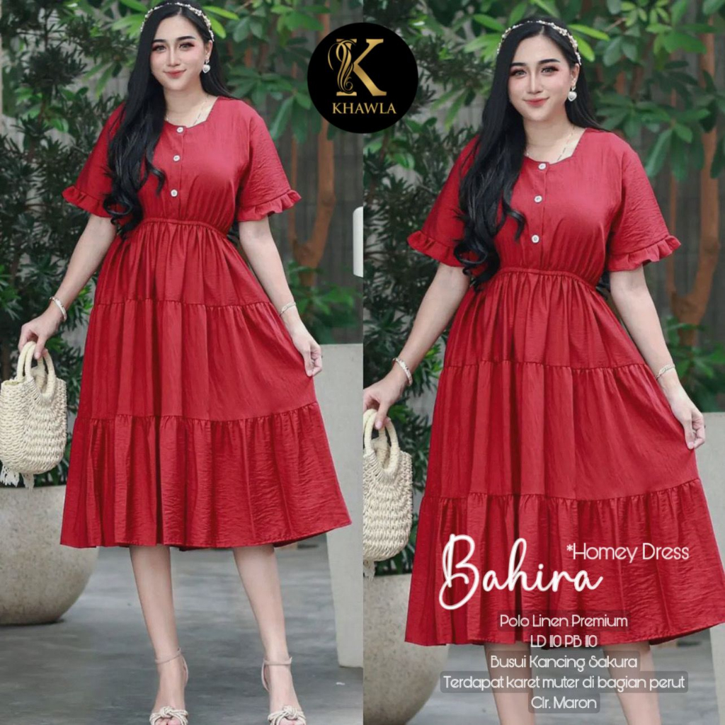 Bahira Homey Dress Wanita Midi Linen Cotton Premium Original By Khayla