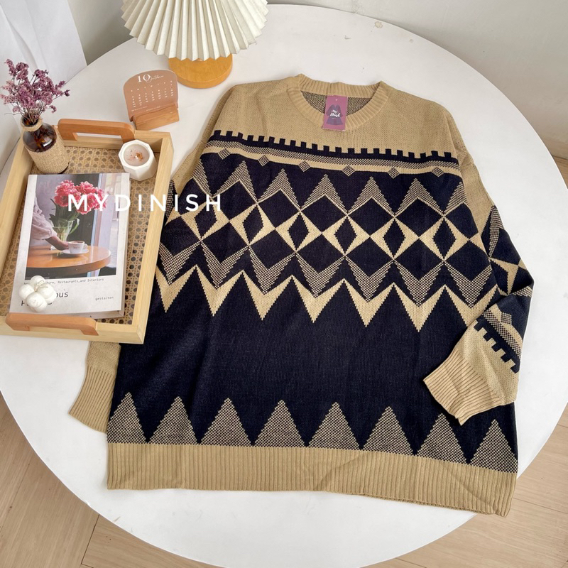 Rury Oversize Sweater Rajut Wanita Motif Zigzag