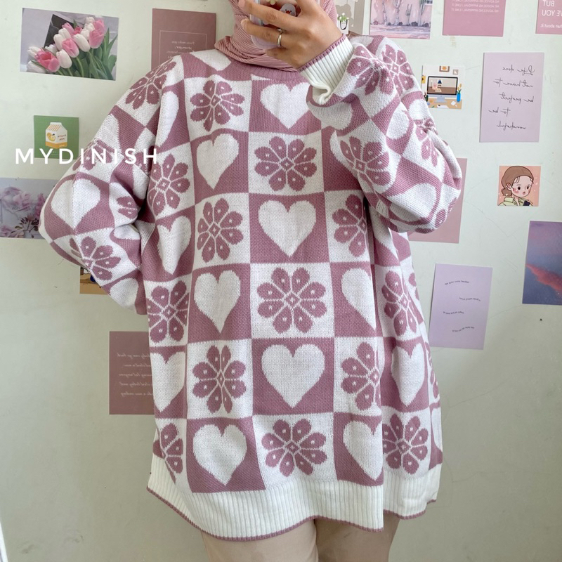 Klover Oversize Sweater Rajut Wanita Motif Bunga