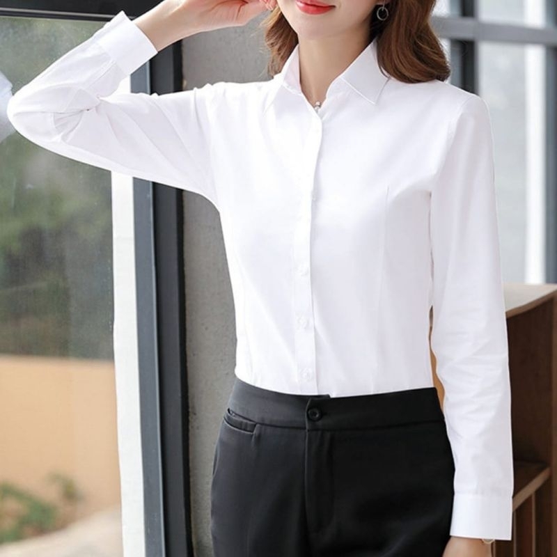BAJU KEMEJA WANITA  POLOS CASUAL PUTIH LENGAN PANJANG