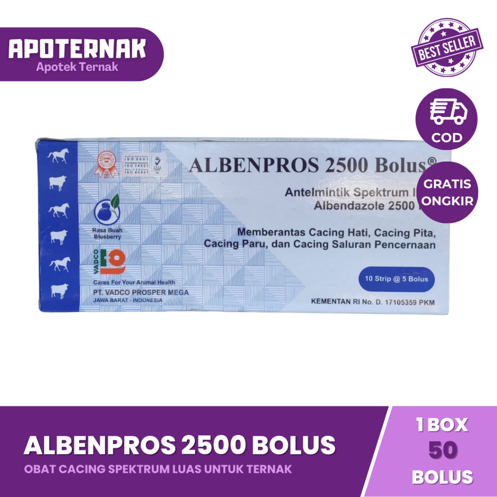 ALBENPROS 2500 Bolus 1 Box 50 Bolus | Obat Cacing Spektrum Luas Untuk Sapi Kuda | Cacing Hati, Cacing Pita, Cacing Paru, dan Cacing Saluran Pencernaan | VADCO | Apoternak