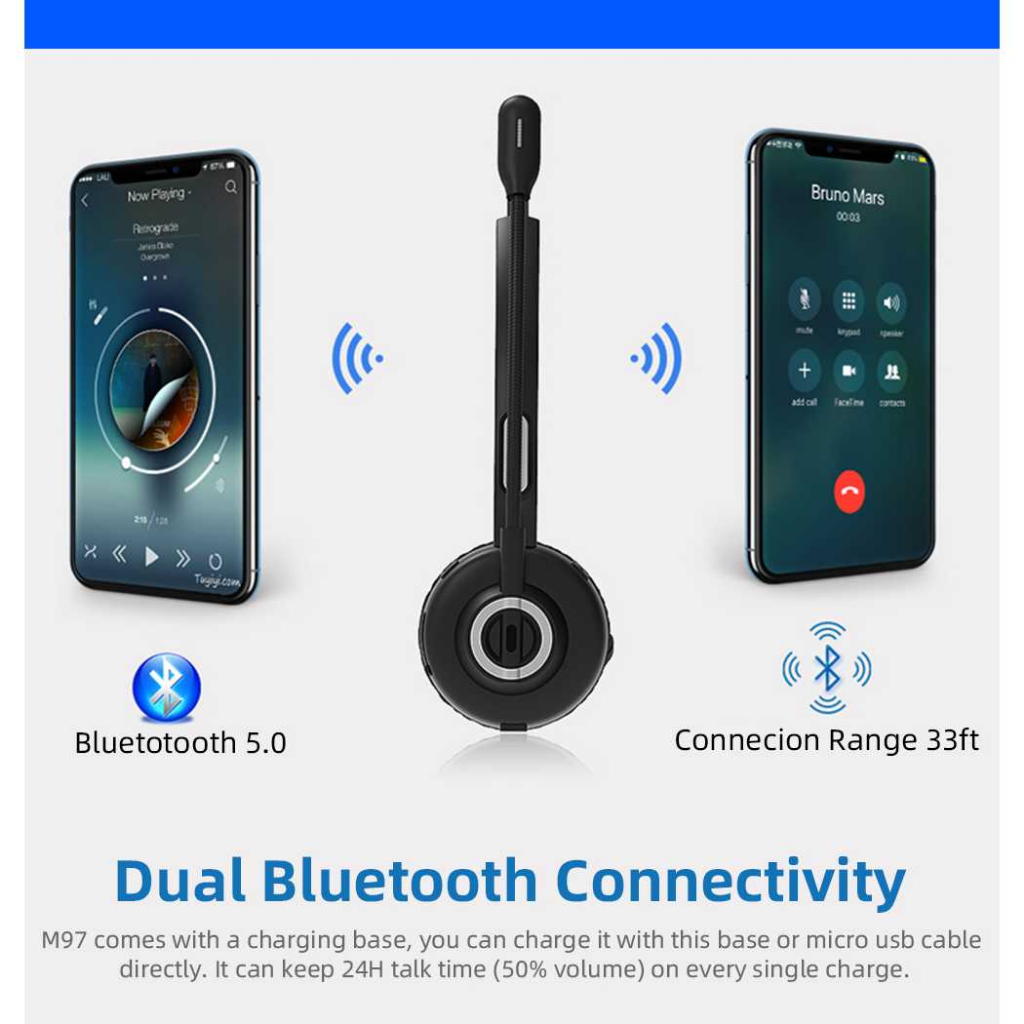 B5 Headset Mono Bluetooth 5.0 with Base Polymer Lithium 180mah - BH-M97