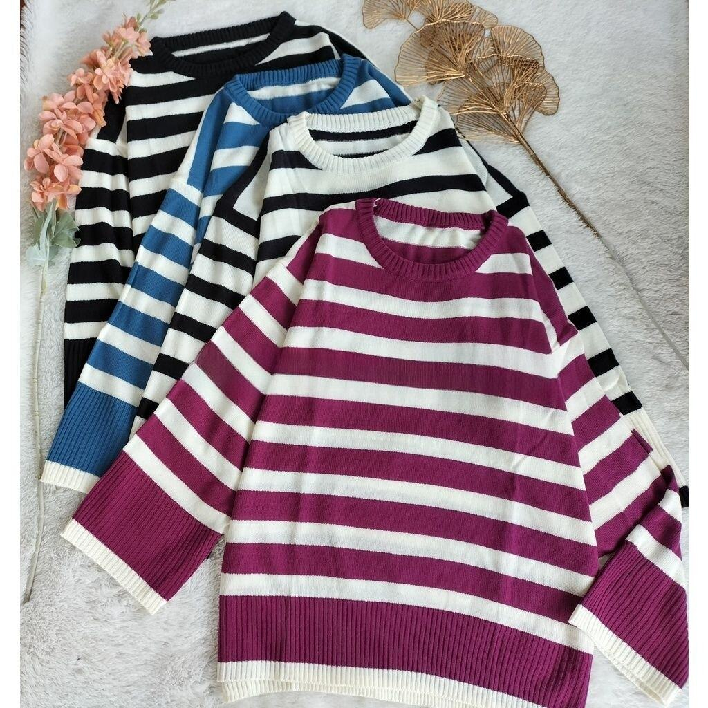 SWEATER RAJUT WANITA HARU KNIT OVERSIZE/ATASAN RAJUT WANITA STRIP GARIS TERBARU