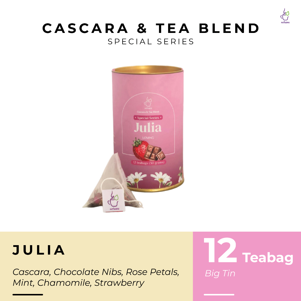 

Netisane Julia (Chamomile, Chocolate Nibs, Daun Mint, Strawberry, Rose Petals) | Netisane Cascara Blend Special Series | Artisan Tea / Teh Herbal (Big Tin)