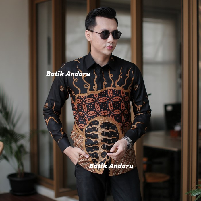 Kemeja Batik Pria Slim Fit Lengan Panjang Modern Heem Premium Bahan Katun Primisima Warna Hitam Orange