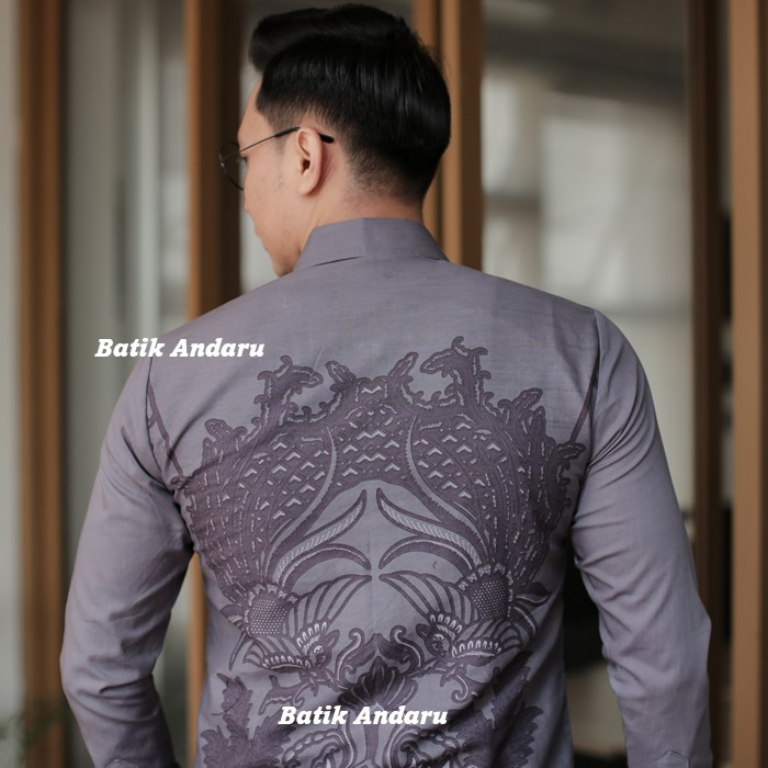 Baju Kemeja Batik Pria Slimfit Lengan Panjang Modern Heem Premium Bahan Katun Primsima Warna Abu Abu Hitam