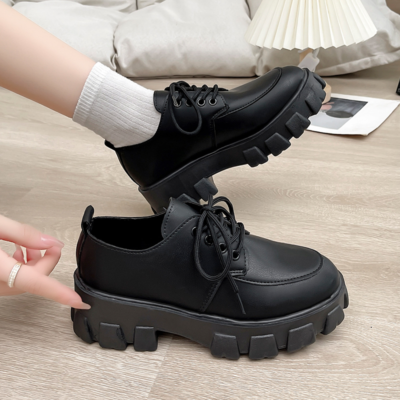 Sepatu Oxford Derby Hak Tinggi Wanita Flatform Ankle Boots Import Bot Kulit Hitam Big Size Platform Shoes Heels Black - Ukuran 35 36 37 38 39 40