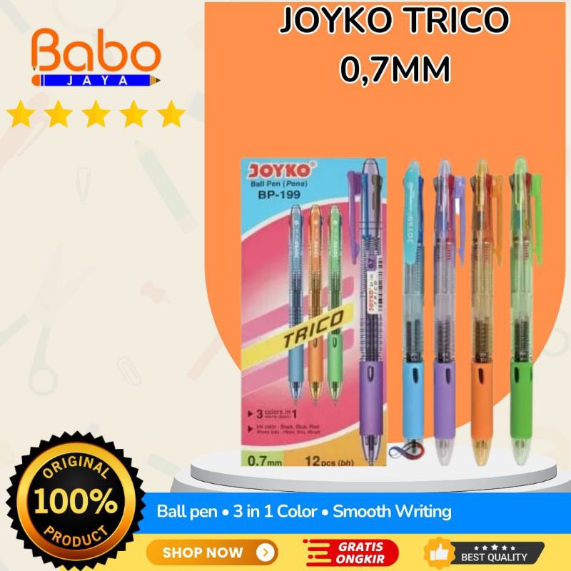 

BABO JAYA Bolpen Pulpen Ballpoint Joyko Trico BP-199 0,7MM , Bulpen 3 Warna Bulpen Cetekan .