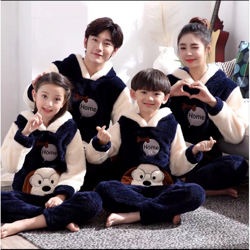 RULIF Piyama Couple bulu baju tidur Set Hoodie import lengan panjang/Setelan Couple Cewek Cowok Dewasa Anak