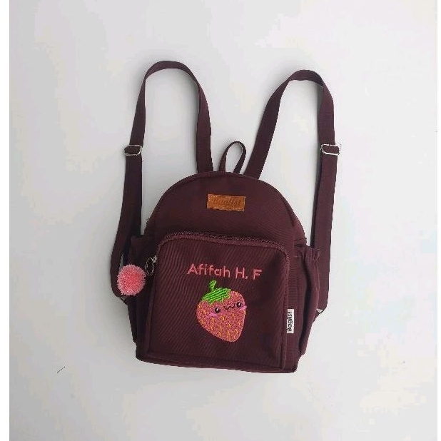 Baglist Tas Anak PAUD TK kids backpack maroon kanvas polos bordir gambar nama custom name