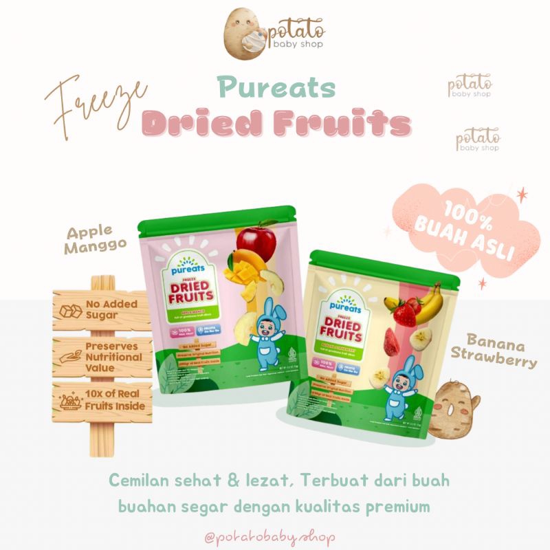 Pureats Freeze Dried Fruits Apple Mango &amp; Banana Strawberry - Snack Buah Anak