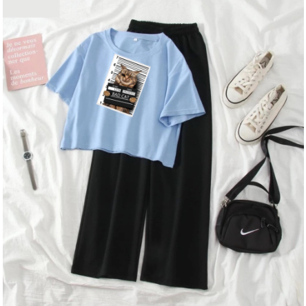 Setelan Anak Remaja Tanggung Baju Crop Dan Celana Kulot Kucing Nakal