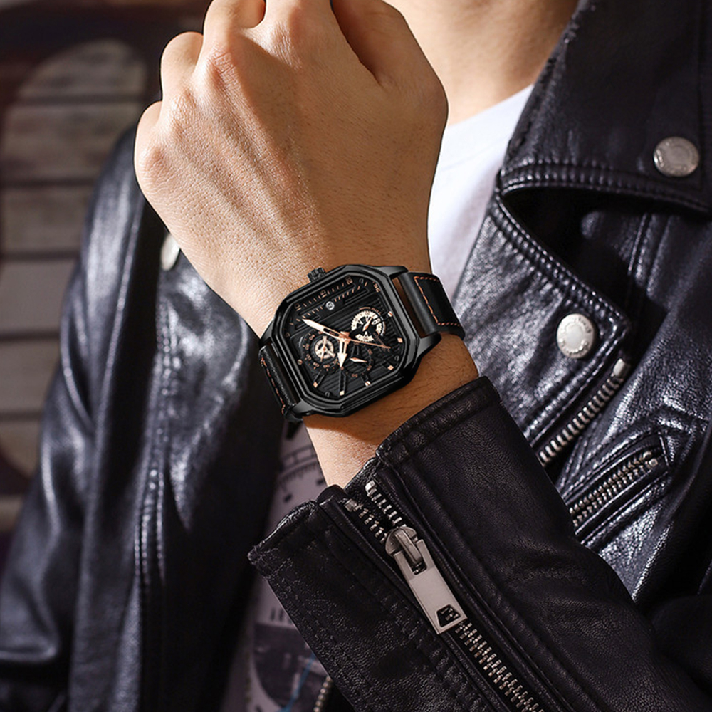 Sunlifex Jam Tangan Pria 9095 Kuarsa Olahraga Kasual Tali Kulit Pria Jam Tangan Cowok-2