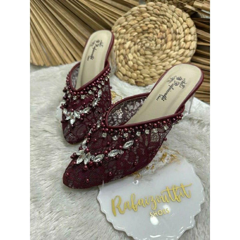 Sepatu wedding Pesta Cantik amirra Burgundy 7cm kaca