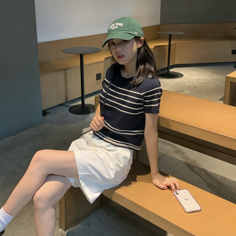 Korean Kaos Rajut Lengan Pendek Bergaris Untuk Wanita 2 Warna
