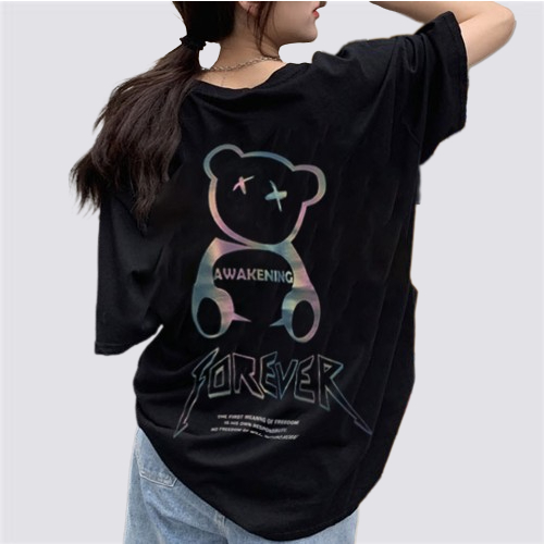 XiaoZhaiNv Kaos Atasan Oversize Wanita Beruang Kartun Pattern Lengan Pendek A0833