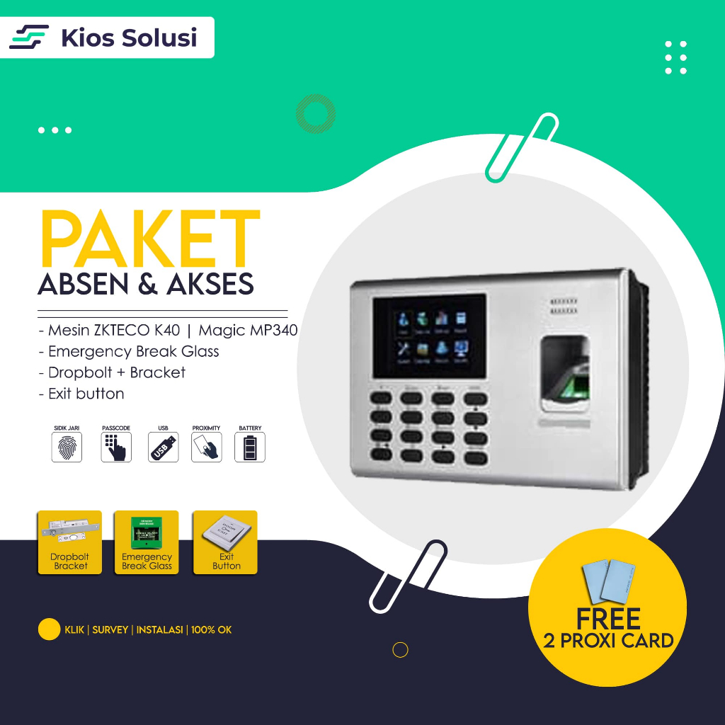 Paket Akses Kontrol ZKTECO K40 PRO | Mesin Absensi | Mesin Akses Kontrol | RFID 125 KHZ | Mesin Absen Sidik Jari | ADMS