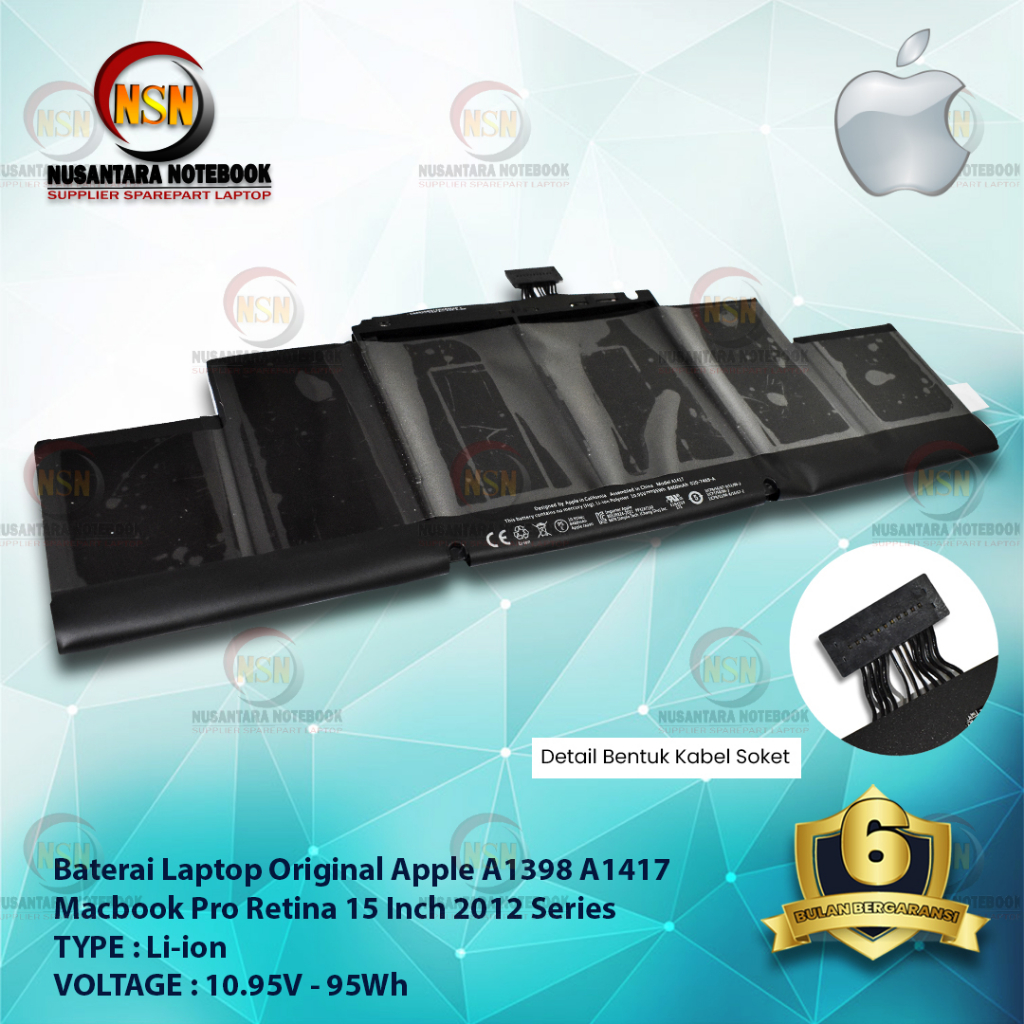 Baterai Apple ORI A1398 A1417 Macbook Pro Retina 15 Inch 10.95V 95Wh