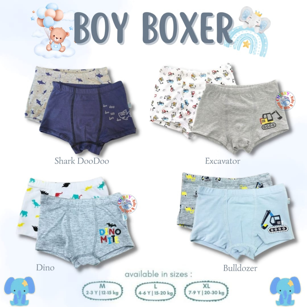 Ardenleon 2pcs Boxer 2-9 Tahun Celana Dalam Anak Laki Laki Dino / Bulldozer / Sahrk DooDoo / Excavator CBKS