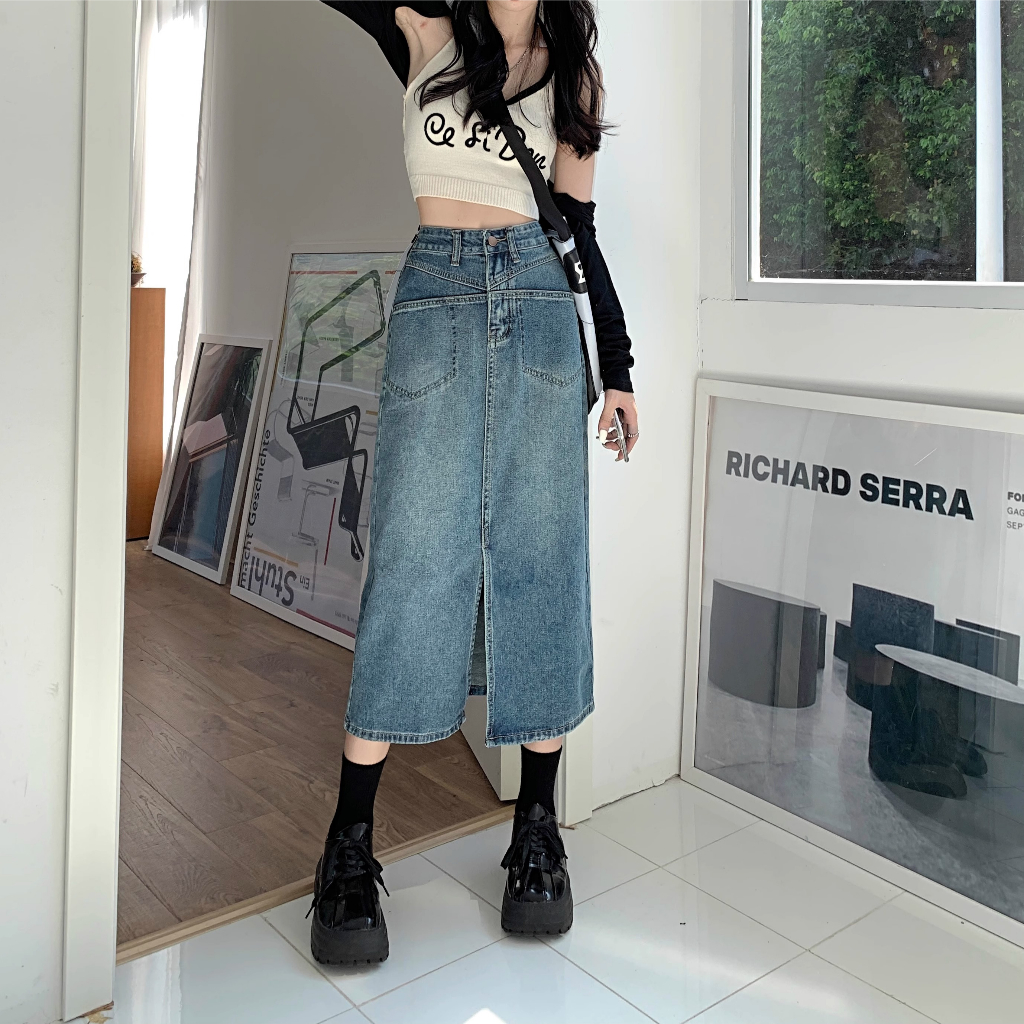 Biru Highwaist Kasual Jeans Rok Midi Korea Style