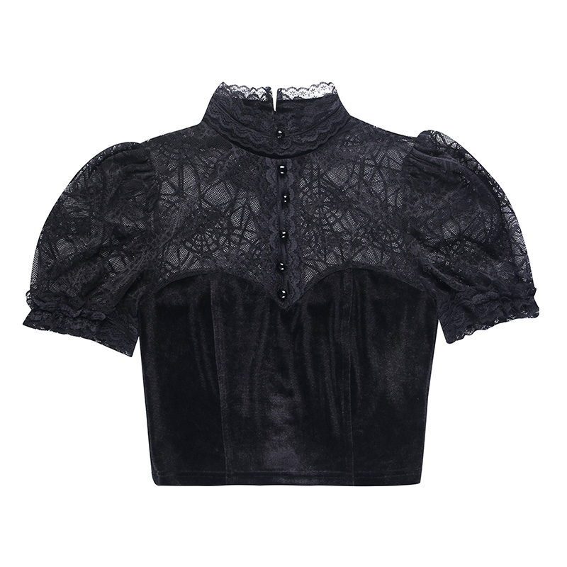 [GOTH] Black Slim Lace High Collar Short Sleeves 8098