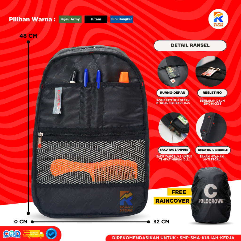 (PREMIUM) Tas Ransel POLO CROWN SMP-SMA-KULIAH-KERJA / Tas Ransel Sekolah  Laptop Polo Crown / Tas Ransel Laptop Unisex