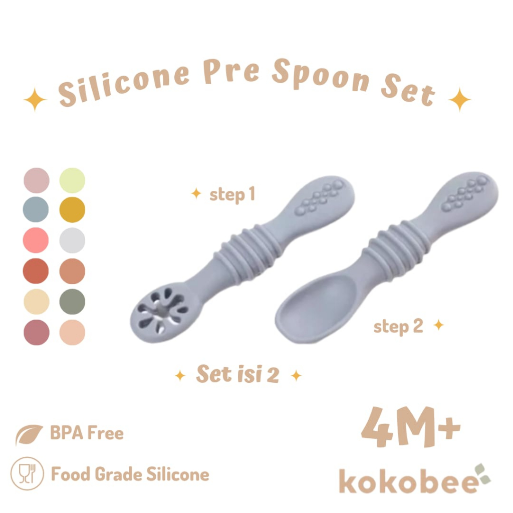 KOKOBee - Silicone Pre Spoon for baby feeding training / silicone spoon / BLW / silicone feeding spoon / numnum pre spoon set / dips glacier spoon / training spoon / sendok bayi / sendok silikon / lababy silicone spoon / lababy / beaba