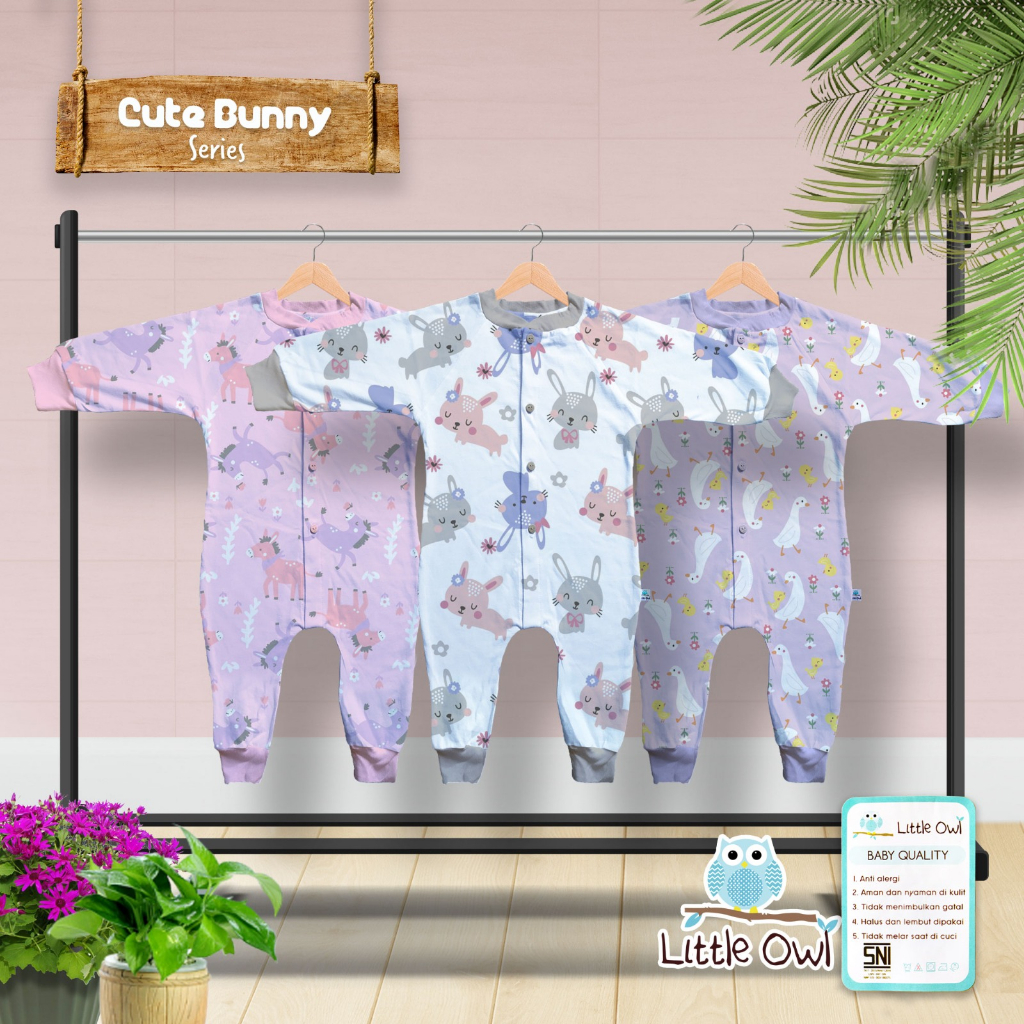 3 Pcs Sleepsuit Little Owl Baju Kodok Bayi Motif 0-24 Bulan / Jumper panjang Newborn Piyama Baby Premium Quality