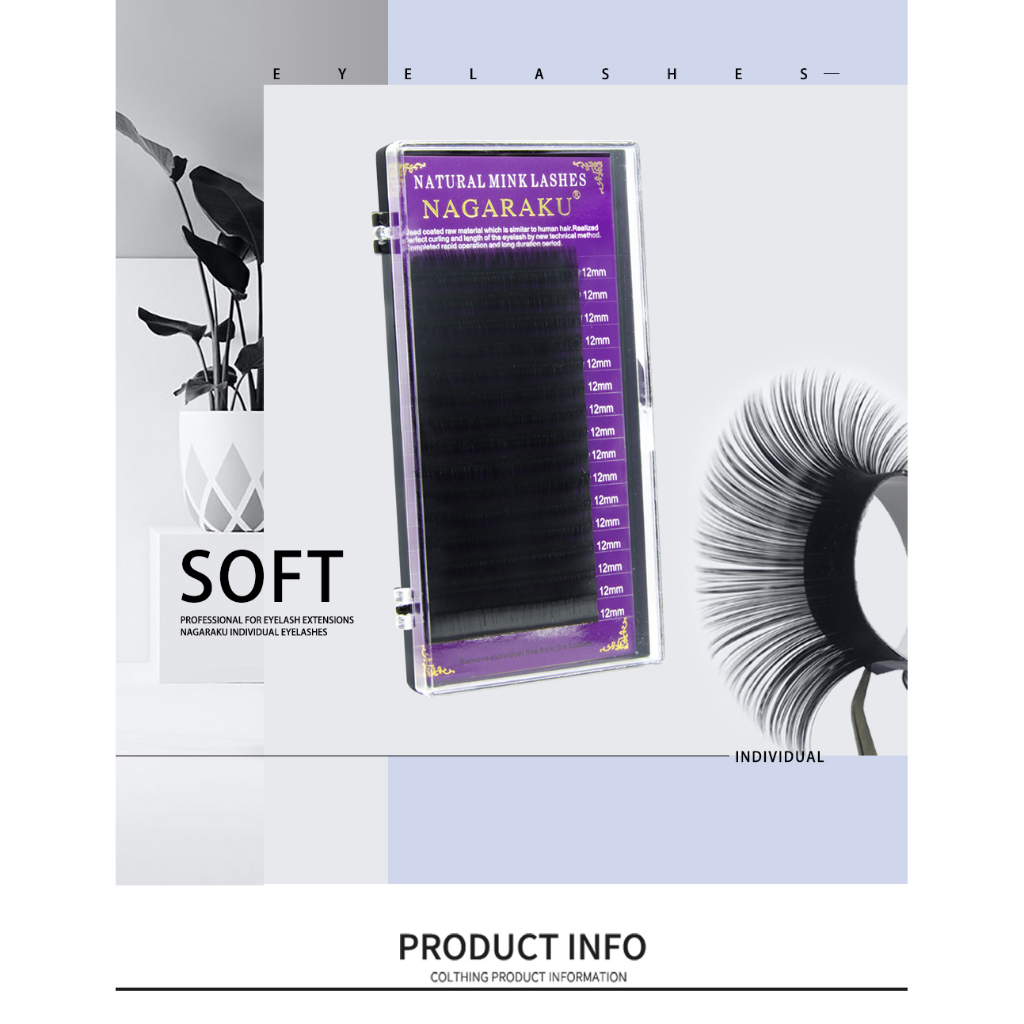 NAGARAKU Ekstension Bulu Mata Soft Natural Eyelash 16 Rows 0.05mm 12mm - CURL-D - Black