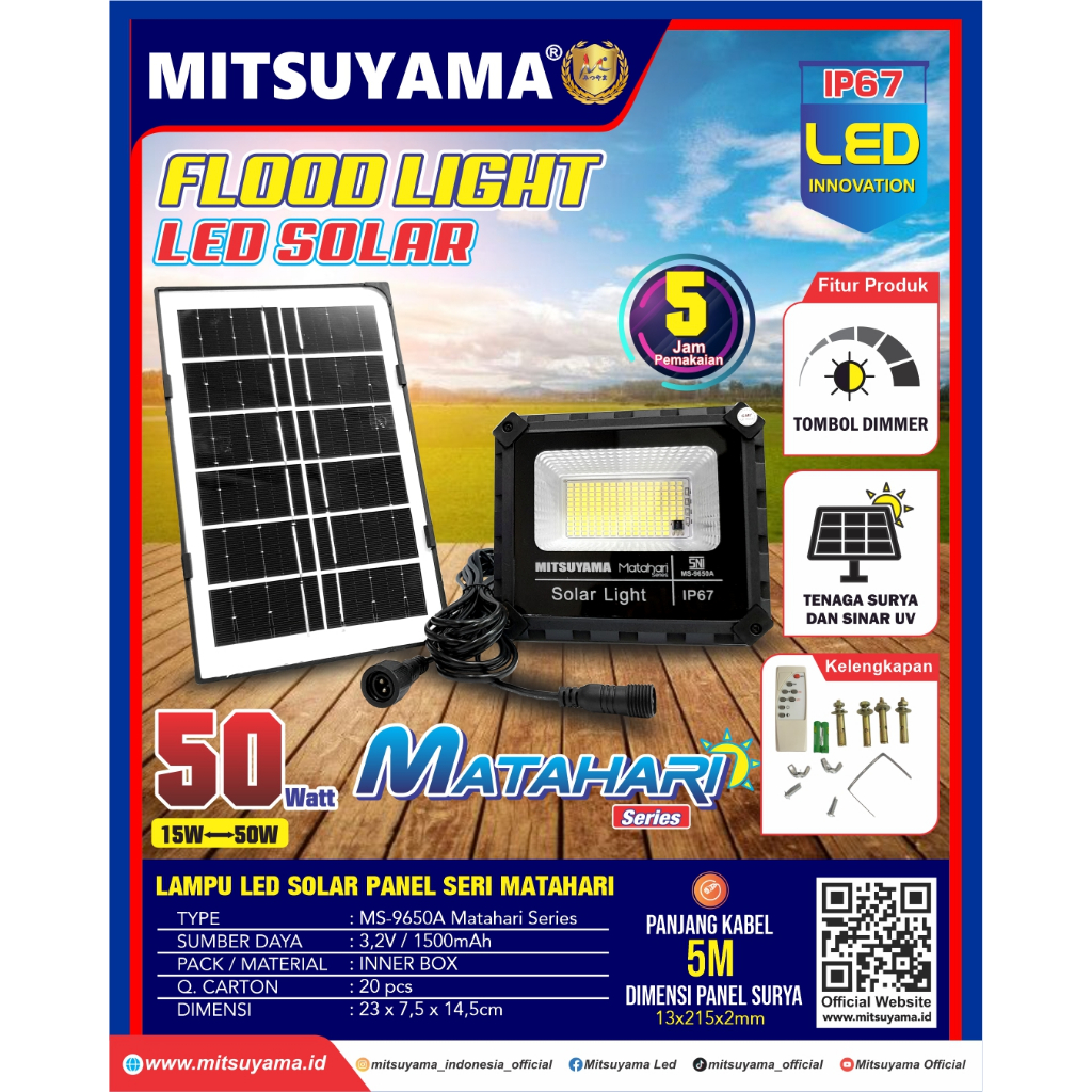 MITSUYAMA MS-9650A SERI MATAHARI LAMPU SOROT SOLAR CELL LED TENAGA SURYA LAMPU TENAGA MATAHARI LAMPU SOROT 50W Outdoor | FMS