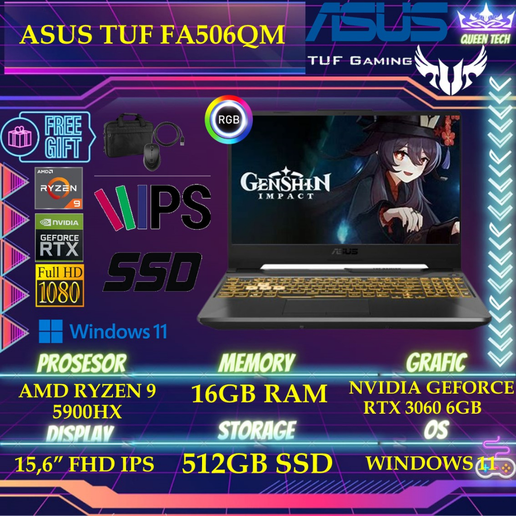 Asus TUF FA506QM R936B6TO11 RTX3060 6GB - RYZEN 9 5900HX 16GB 512SSD Windows 11 15.6 Inchi FHD IPS