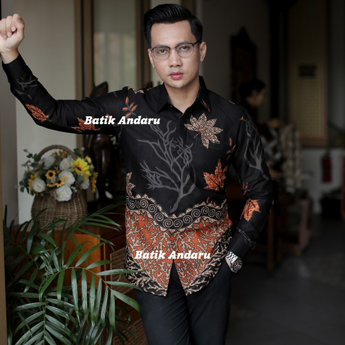 Baju Kemeja Batik Pria Slimfit Lengan Panjang Modern Heem Elegant Premium Warna Hitam Orange