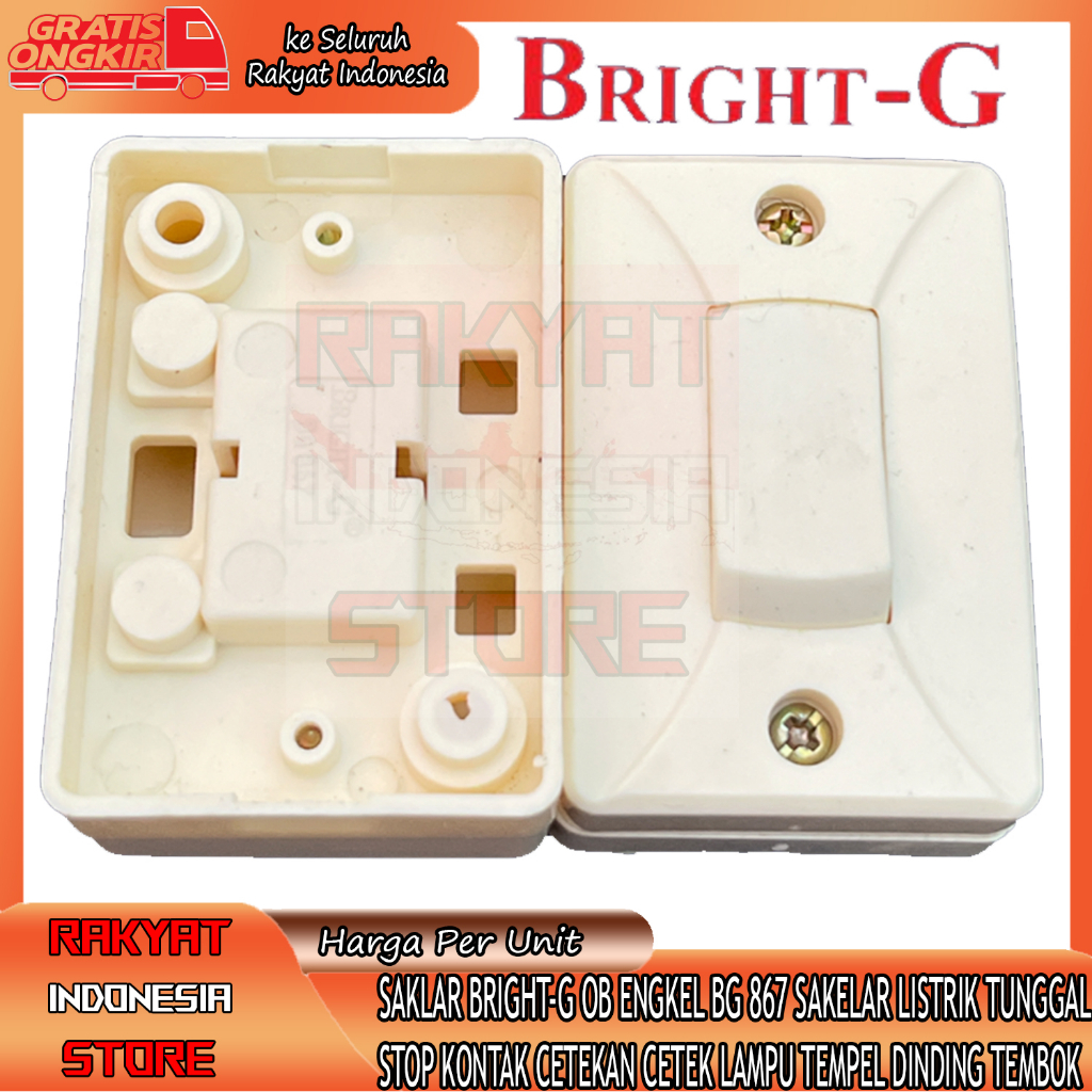 SAKLAR BRIGHT-G OB ENGKEL BG 867 PERSEGI SAKELAR TUNGGAL OUTBOW SOCKET TEMPEL DINDING CETEKAN COLOKA