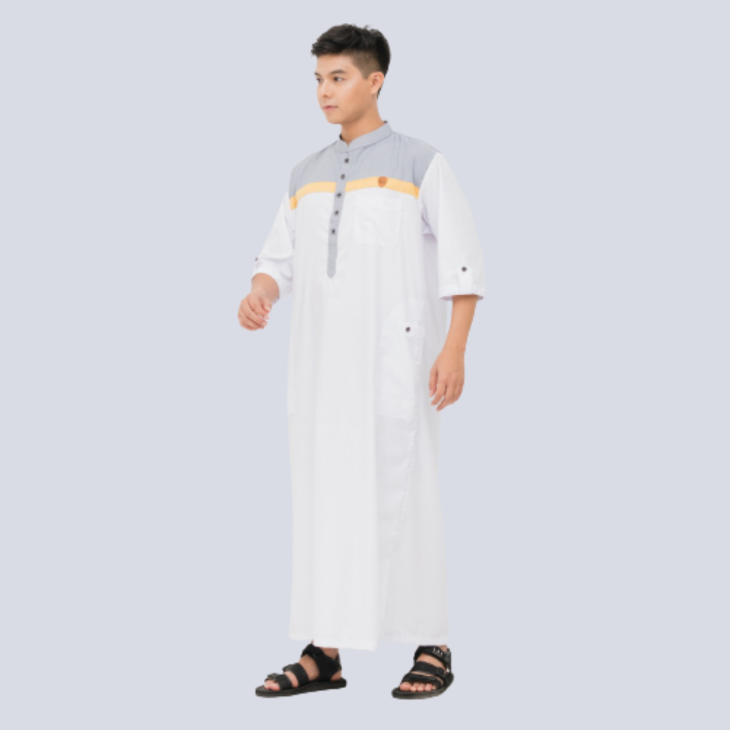 Kawan Muslim - Jubah Gamis Ikhwan Dewasa Premium Modern Model Kancing Mix Warna Lengan Pendek Navy Putih