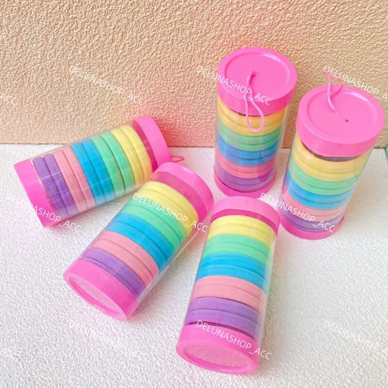 Delunashop ikat rambut donat 1Tabung isi 10 Pcs Ikat Rambut PonyTail Elastis Polos Kunciran Korea