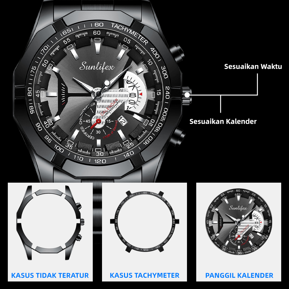 SUNLIFEX  9094  Jam Tangan Pria Anti Air Original Luxury Stainless Steel (Jam tangan+kotak+ kartu garansi+manual)