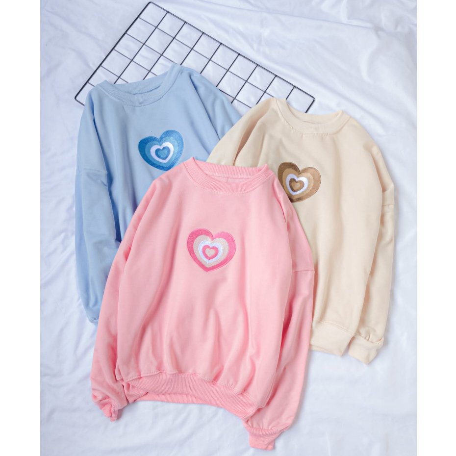 Sweater Wanita Heart Beat Bordir - Korean Style Cute Sweatshirt - Baju Wanita - Bahan Fleece - Allsize - Sweater Love Sign