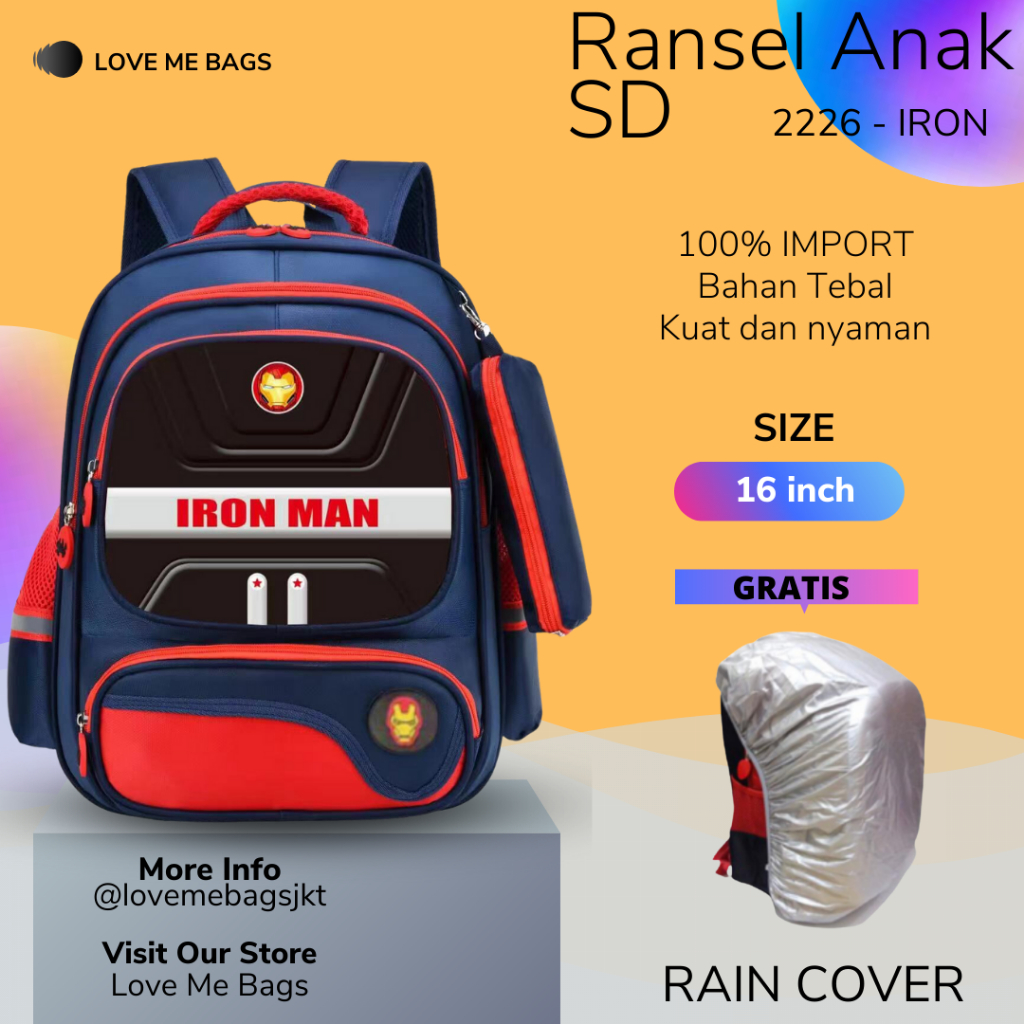 LMB Tas Sekolah Anak SD Import Laki Karakter Superhero Timbul 6D Ukuran Besar Bahan Nilon Premium Tebal