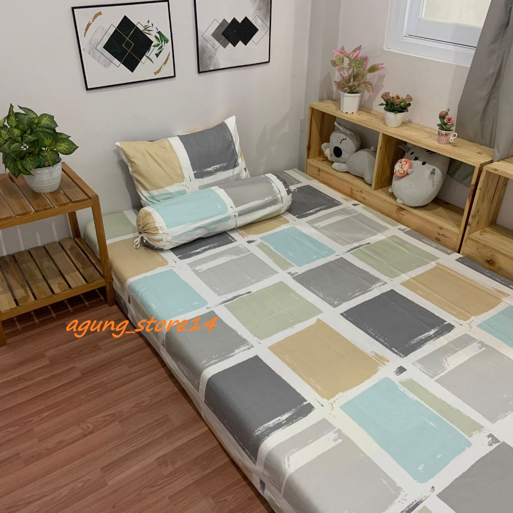 SPREI/SEPREI Homemade Aesthetic Motif Sprei UK 90x200, 120x200, 160x200, 180x200 (Free Sarung Bantal &amp; Sarung Guling) Square Emily Khaky Free Sarung Bantal dan Guling