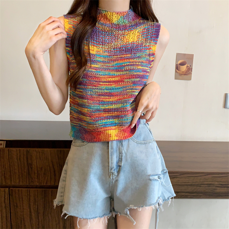 BEARYJEANS Colorful Slim Knit Sweater Vest Neck Crop Rajut Wanita Tanpa Lengan Musim Panas Fashion Korea Import - BJ093