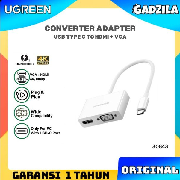 UGREEN Adaptor Video Converter 2In1 USB Type C To HDMI + VGA untuk Laptop Macbook Air Pro Huawei Matebook Asus Zenbook Sambungan Adapter ke Layar Monitor TV LED LCD 30843