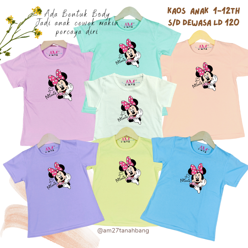 Baju kaos anak cewek 3-12 tahun sampai dewasa jumbo motif Minnie