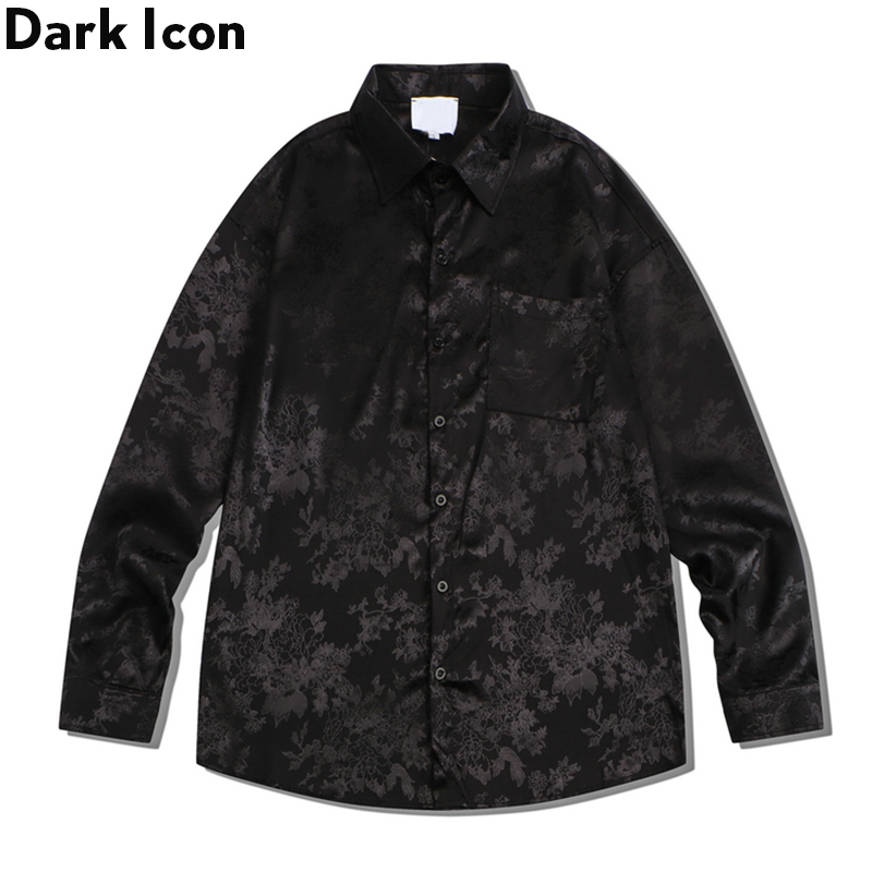 Dark Icon Kemeja Eternal Hitam Bunga Pria Oversized Satin Kemeja Pria Lengan Panjang Shirts Cowok Hi